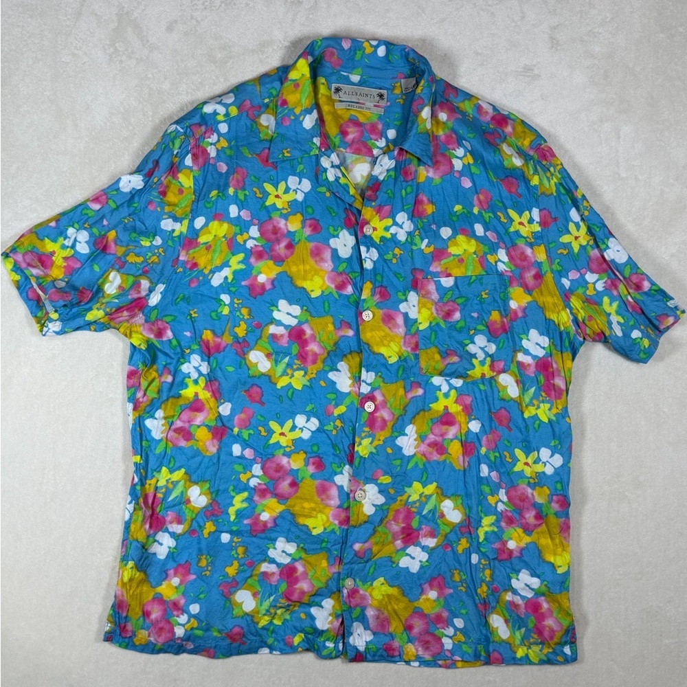 All Saints Size Large Relaxed Fit Super Soft Blue Floral Beach Vacation Shirt